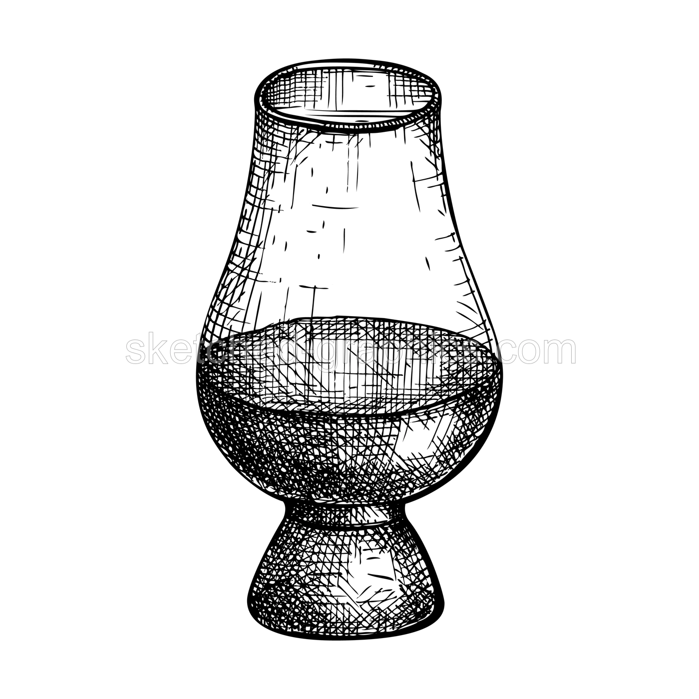 Hand-sketched whiskey or brandy glass illustration. Vector sketch of the popular drink bowl isolated on white background. Alcoholic drawing of brandy Glencairn for bar or restaurant menu design. Illustration